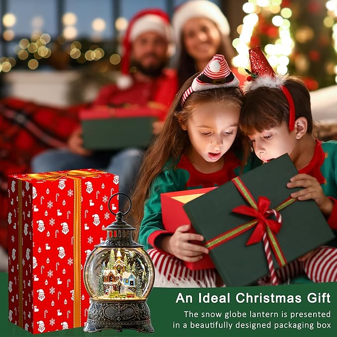 9.8" Christmas Snow Globe Water Lantern with Mountain Village and Train Scene Battery Operated or USB Powered Musical Lighted Holiday Decoration for Tabletop Display for Family and Friend