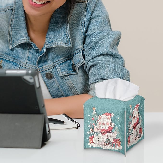 Christmas Tree Cat Tissue Box Cover Square Christmas Decor Tissue Box Holder Cute Leather Tissue Holder Tissues Cube Box Cover for Bathroom Organizer Dispenser