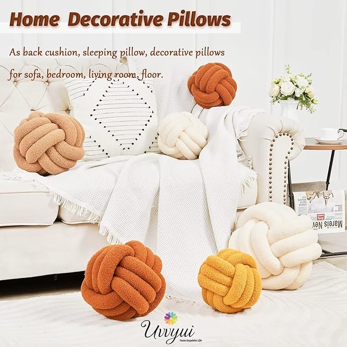 Uvvyui Knot Pillow Ball, Soft Home Decorative Pillows, Round Throw Pillow, Handmade Knotted Plush Pillow, Round Boucle Pillow Cushion (8.6 Inches Caramel)