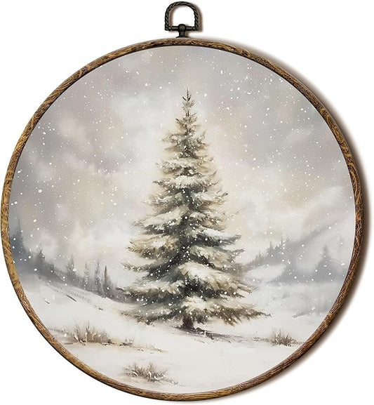 FSTCSV Winter Christmas Tree Round Wall Art Framed, Vintage Christmas Tree Snow Canvas Prints Wall Hanging Art, Retro Neutral Winter Forest Pine Trees Snow Circle Walls Decor for Home Bedroom,10x10in