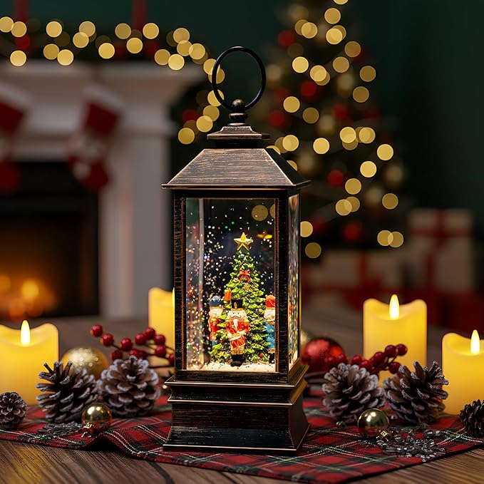10.4" Christmas Snow Globe Water Lantern with Nutcracker Scene Battery Operated or USB Powered Musical Lighted Holiday Decoration for Tabletop Display for Family and Friends