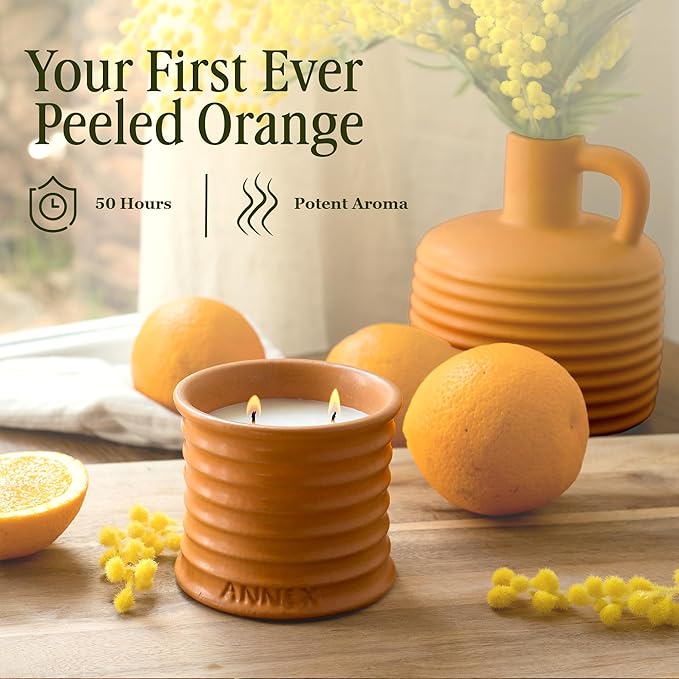 Scented Luxury Candles in Handmade Ceramic Jars, Soy Wax | Orange Blossom β Orange & Mimosa, Large Candle | Non Toxic, 2 Wicks, Reusable Big Orange Jar | Natural Spring Aromatherapy for Women & Men