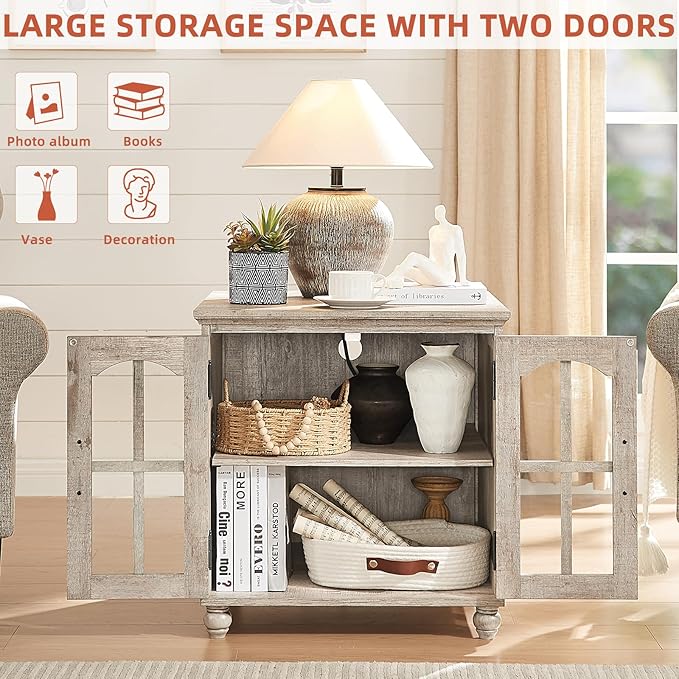 Farmhouse End Table with Charging Station,24" Large Sofa Side Table with Glass Barn Door,Rustic Wood Night Stand with Adjustable Storage Shelf,Square Bedside Table for Living Room,Bedroom Office