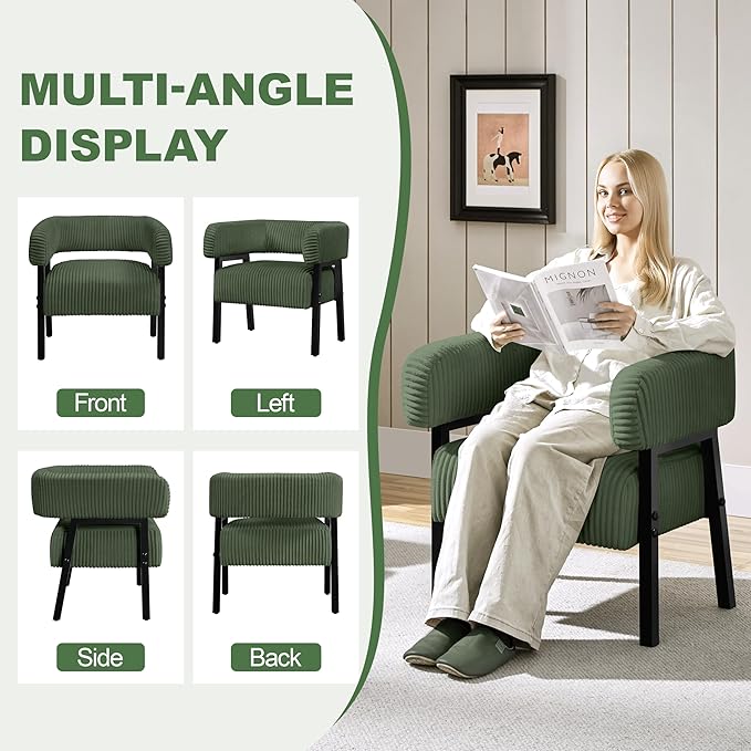 Yaheetech Corduroy Barrel Accent Chair, Modern Upholstered Armchair with Solid Wood Legs, Cozy Leisure Chair with Pocket Coiled Seat for Living Room, Bedroom, Reading Nook Dark Green