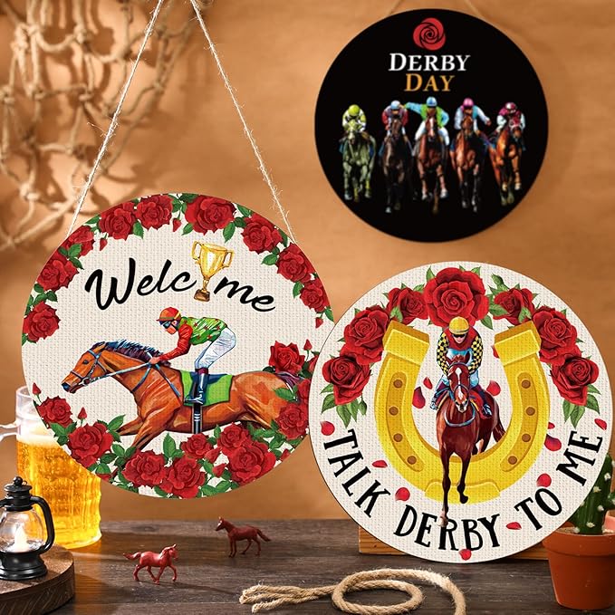Blosssound 3 Pcs Door Decorations Front Hanging Door Sign Hanging Ornament Wooden Wall Sign Hanger for Celebrations Farmhouse Home Living Room Party Supplies(Derby)