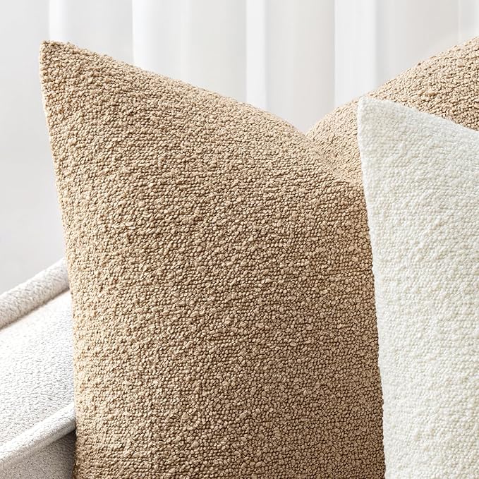 Woaboy Pack of 2 24x24 Inch Decorative Boucle Throw Pillow Covers Textured Square Pillowcaes Accent Euro Solid Cozy Soft Cushion Covers Home Decor for Sofa Couch Living Room Home Decor,Khaki