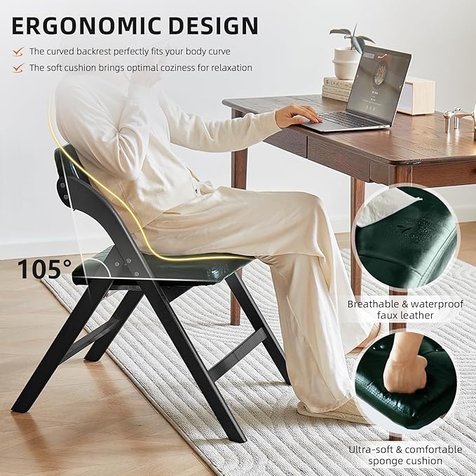 Wood Folding Chairs with Padded Seats, Wooden Folding Chairs Set of 2, Foldable Dining Chair with Cushion, Stackable Extra Chair for Indoor Outside Events, Party, Wedding (Black Green)