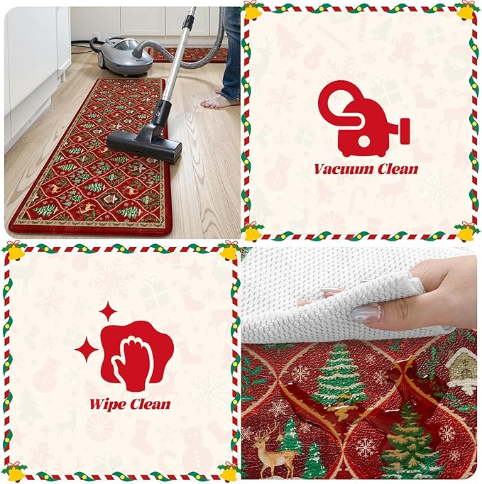 Collive Christmas Tree Kitchen Floor Mats, Cushioned Anti Fatigue Kitchen Rugs 2 Piece Morocco Xmas Elk Sink Mat Waterproof, Non Slip Comfort Standing Rug for Home Decorations 17"x30"+17"x47"