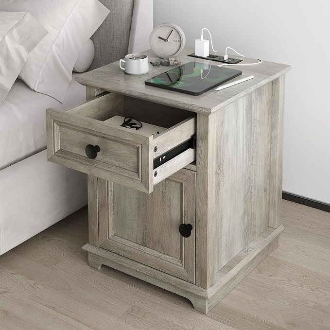 End Tables with Charging Station Set of 2, Side Tables with Drawer and Adjustable Shelf, Night Stand Set of 2, Wooden Side Table for Living Room/Bedroom/Office, Light Grey.