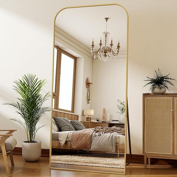 77''x 38'' Full Length Mirror, Rectangular Full Body Mirrors with Stand, Wall Mounted Mirror for Home Decor, Floor Mirror with Aluminum Alloy Thin Frame, Gold