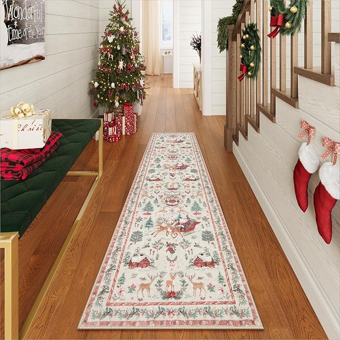 Lahome Christmas Beige Hallway Runner, Kitchen Non Skid Washable, Soft Christmas Tree Santa Claus Bathroom Carpet for Entryway Bedside Holiday Decor (2'x10')