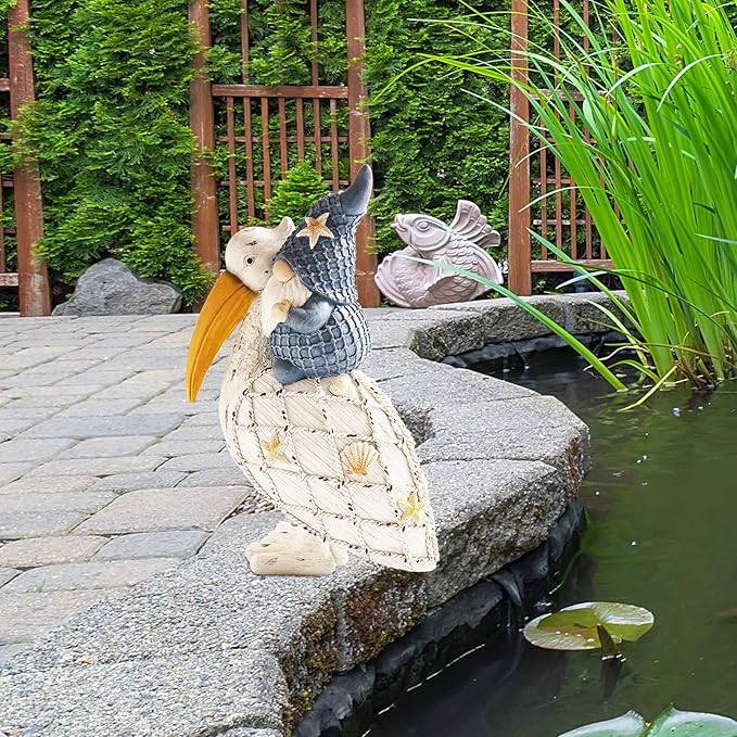 11.5in Pelican Gnome Figurine Decor, Resin Beach Coastal Statue for Home Table, Summer Theme Pool Garden Yard Ornaments Outdoor Gifts