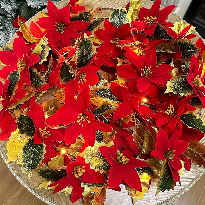 Glintoper 2 Pack Christmas Poinsettia Garland, 5.9 FT Lighted Artificial Garlands with 36 Red Flowers, Battery Operated with Timer Poinsettia String Lights, Light up for Xmas New Year Home Decor