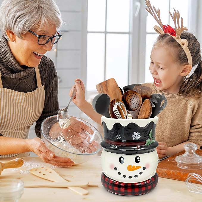 pinata Christmas Kitchen Decor Ceramic Snowman Utensil Holder, Cute Christmas Utensils Holder, Xmas Ceramic Utensils Crock for Rustic Farmhouse Indoor Kitchen Decorations(6.3 Inches)