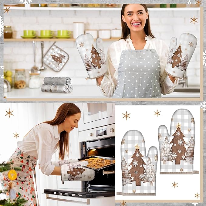 10 Pcs Christmas Kitchen Decor Set Kitchen Towels and Rugs Oven Mitts Pot Holders Absorbent Towels for Baking Cooking BBQ Gifts Home Decor(White and Gray,Original Wood)