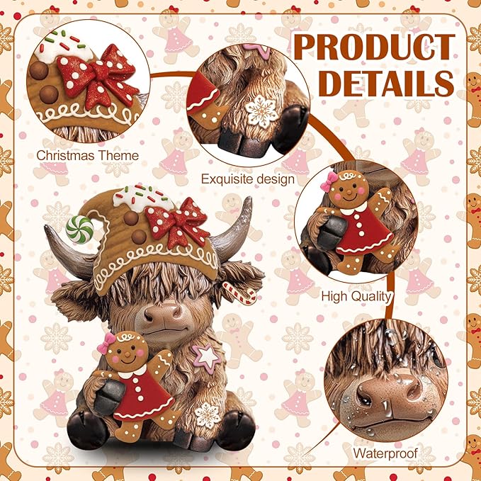 Karenhi 2 Pcs Highland Cow Figurines Christmas Gingerbread Man Highland Cow Gnomes Scottish Resin Statue Calf Lovers Gifts for Xmas Home Garden Kitchen Office Tiered Tray Table Decor
