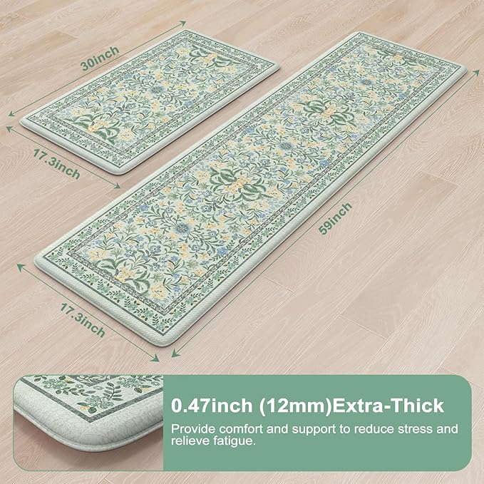 Collive Anti Fatigue Mats for Kitchen Floor, Cushioned Waterproof Sink Rug Set of 2 Spring Floral Kitchen Mat Comfort Non Skid Standing Rug for Office, Desk, Laundry, 17"x30"+17"x59"