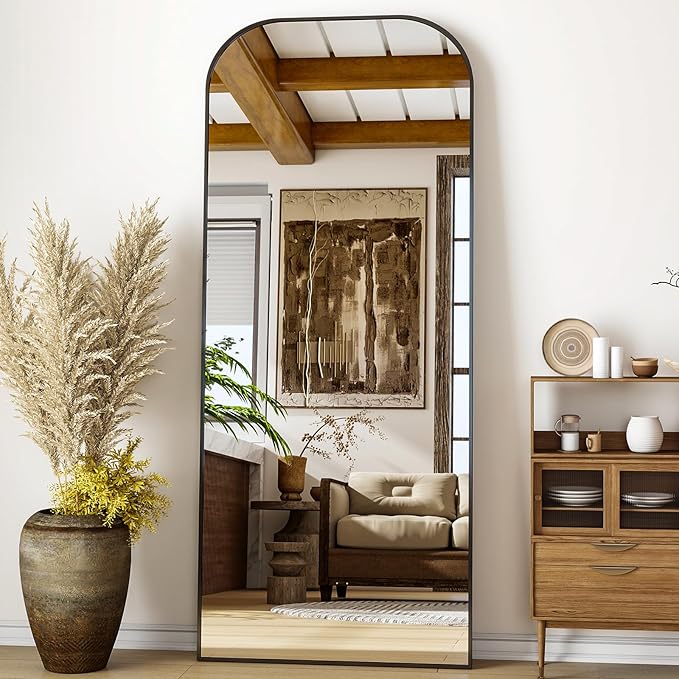 Full Length Mirror, 71"x28" Floor Mirror Freestanding, Arched Floor Standing Large Mirror Full Body Mirrors with Stand for Bedroom, Hanging Mounted Mirrors for Living Room,Black