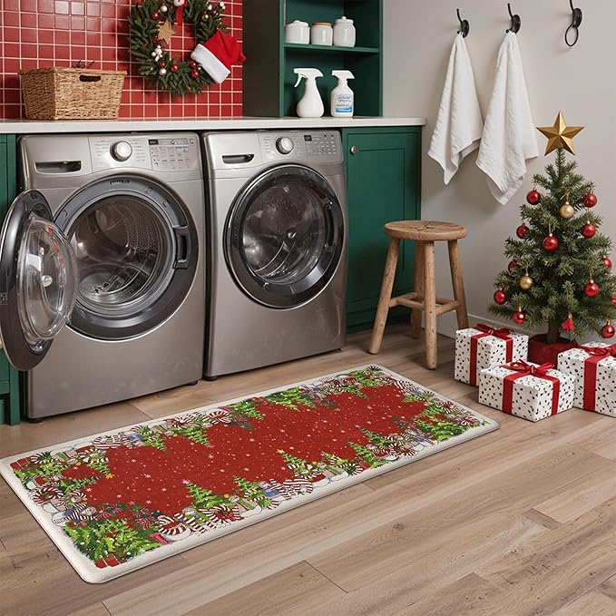 GENIMO Christmas Decorations - Kitchen Mats for Floor, 2PCS Christmas Kitchen Rugs, Cushioned Anti Fatigue Mat for Home Decor, Waterproof Non Slip Standing Mat for Laundry, 17.3"x59"+17.3"x30", Red