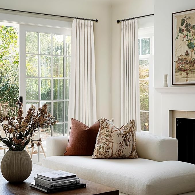 100% Blackout Shield Linen Look Textured Pinch Pleated Curtains Blackout Drapes 120 Inch Long 2 Panels Set, Faux Linen Blackout Curtains for Bedroom & Living Room, 40" W x 120" L, Beige