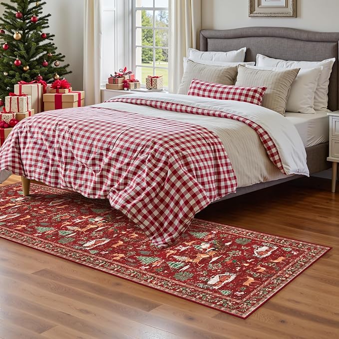 Lahome Christmas Runner Rug 2x10 Red Hallway Runner Rug,Kitchen Runner Rugs Non Skid Washable,Soft Christmas Tree Santa Claus Bathroom Carpet Runner for Entryway Bedside Holiday Decor(2'x10',Red)