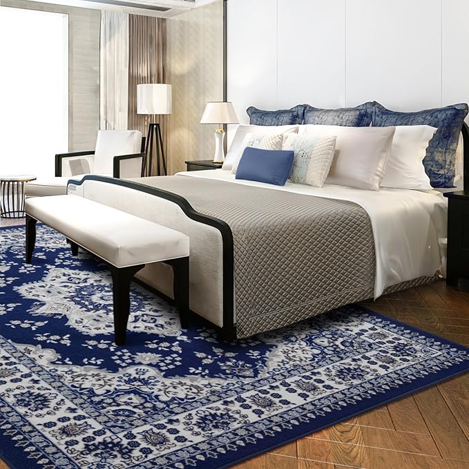 Antep Rugs Alfombras Oriental Traditional 5x7 Non-Skid (Non-Slip) Low Profile Pile Rubber Backing Indoor Area Rugs (Navy Blue, 5' x 7')