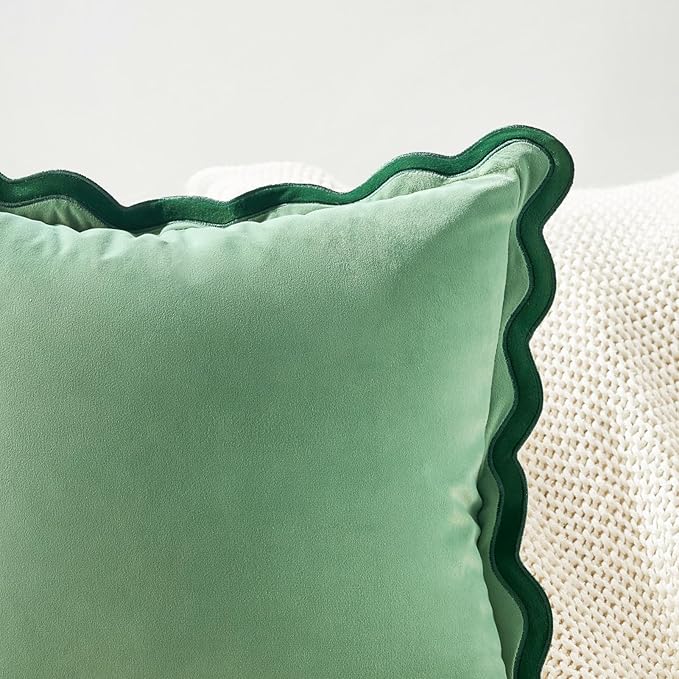 MONDAY MOOSE Decorative Throw Pillow Covers Cushion Cases, Set of 2 Soft Velvet Scalloped Wavy Edge Designs, Mix and Match for Home Decor, Pillow Inserts Not Included (Green/Light Green, 22x22 inch)