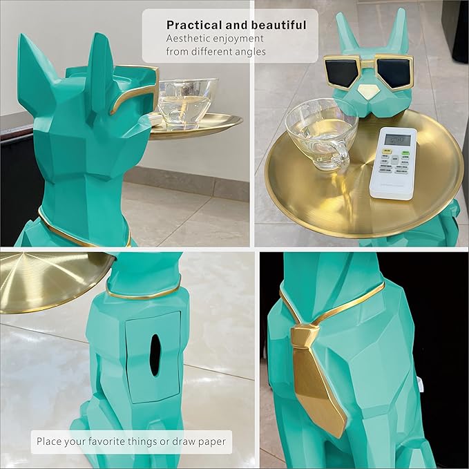 Beautiful and Elegant Decorative Pieces for Home, Dog Side Table with Tray and Storage,Dog 3D Sculpture Coffee Table Unique Home Decor (Green)