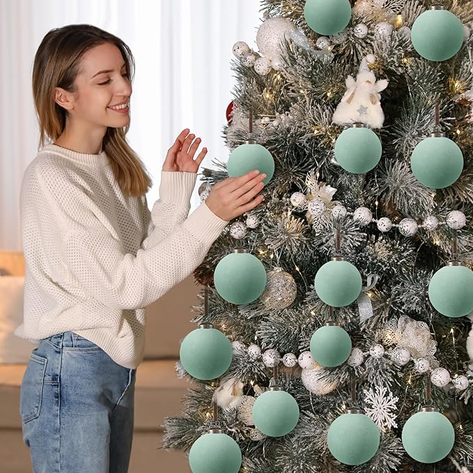 36 Pcs Velvet Christmas Balls Bulk - Flocked Christmas Tree Ball Ornaments Hanging Decoration for Xmas Tree, Wreath, Home or Party Decorations, 2.36", 2.76", 3.15"(Sage Green)