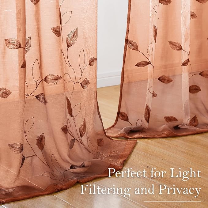 HOMEIDEAS Fall Burnt Orange Sheer Curtains 63 Inches Length 2 Panels Embroidered Floral Pattern Semi Sheer Window Curtains for Bedroom Living Room
