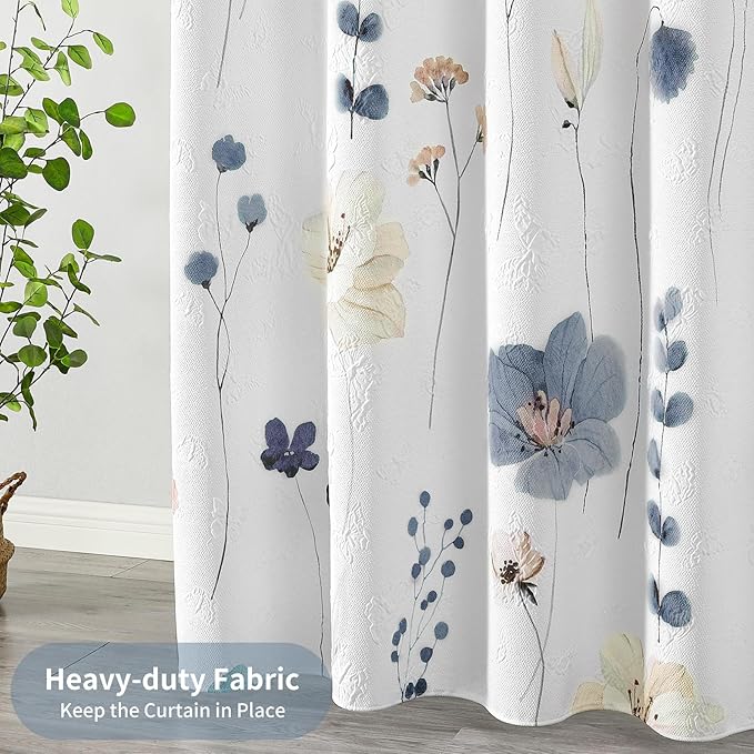 QIYI Small Stall Shower Curtain 36 x 72, Narrow Half Watercolor Floral Shower Curtain, 3D Embossed Butterflies Grey Flower Cloth Bathroom Curtain, Waterproof Fabric White Shower Curtain Set with Hooks