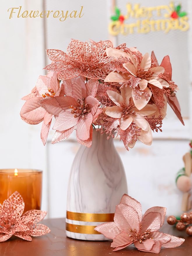 Floweroyal 30pcs Poinsettia Artificial Christmas Flowers Decorations with Clips and Berry Stems Glitter Ornaments for Christmas Tree Wreath Fireplace Stairs Decor (Rose Gold-3 Styles)