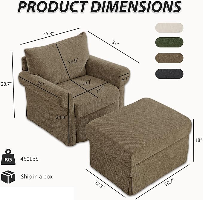 Modern Living Room Chairs with Ottoman, Comfy Chenille Reading Armchair with Rolled Arms and Cushion Backrest, 35.8"W Oversized Chaise Lounge Chair for Bedroom, Study, Apartment, Coffee Brown