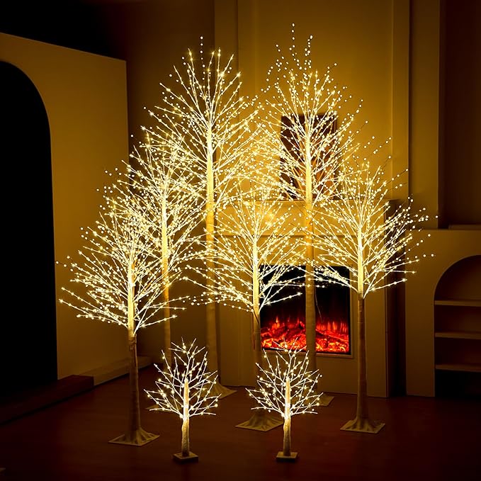 Baquler 8 Pack Lighted Birch Tree - Artificial LED Warm-White Light Birch Tree Decoration for Christmas Holiday Party Wedding Festival Decor, Indoor & Outdoor (2 4 6 8 ft)
