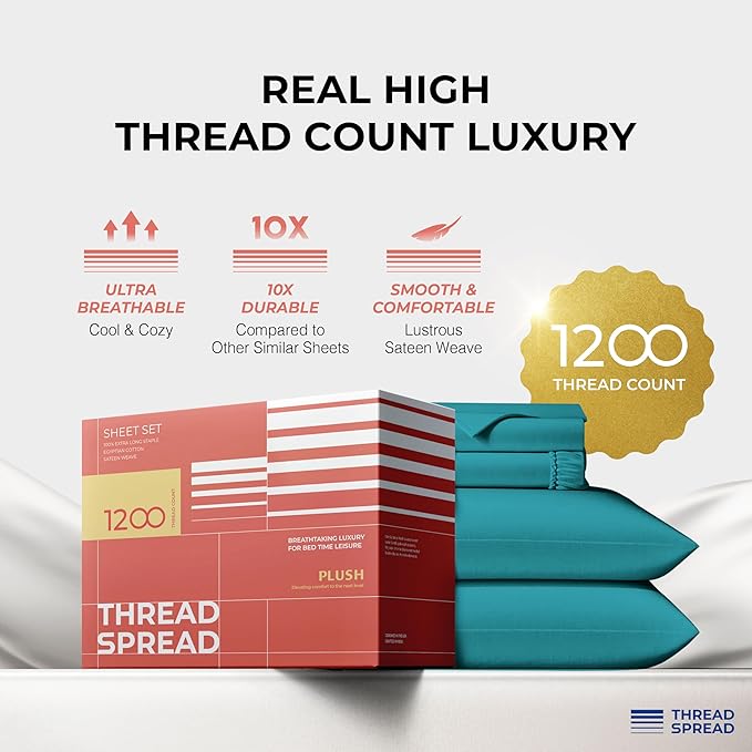 THREAD SPREAD 100% Egyptian Cotton King Size Sheets Set - Luxury 1200 Thread Count Egyptian Cotton Sheets King Size, 17" Deep Pocket, Soft, Cooling Sateen Weave Hotel Quality Bedding Set - Teal