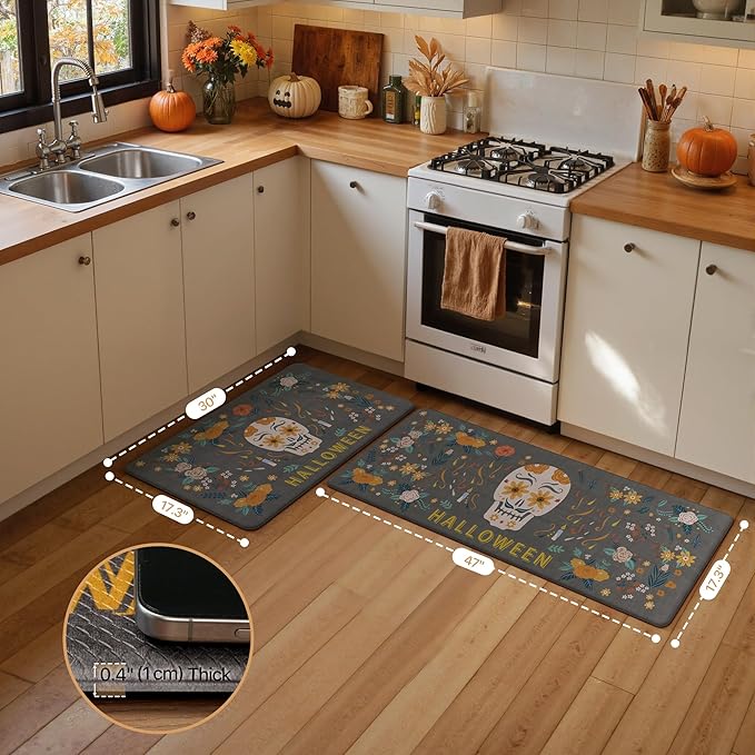 GENIMO Halloween Decorations - Kitchen Mats for Floor, 2PCS Kitchen Rugs, Cushioned Anti Fatigue Mat for Home Decor, Waterproof Non-Slip Comfort Standing Mat for Laundry, 17.3"x47"+17.3"x30", Grey