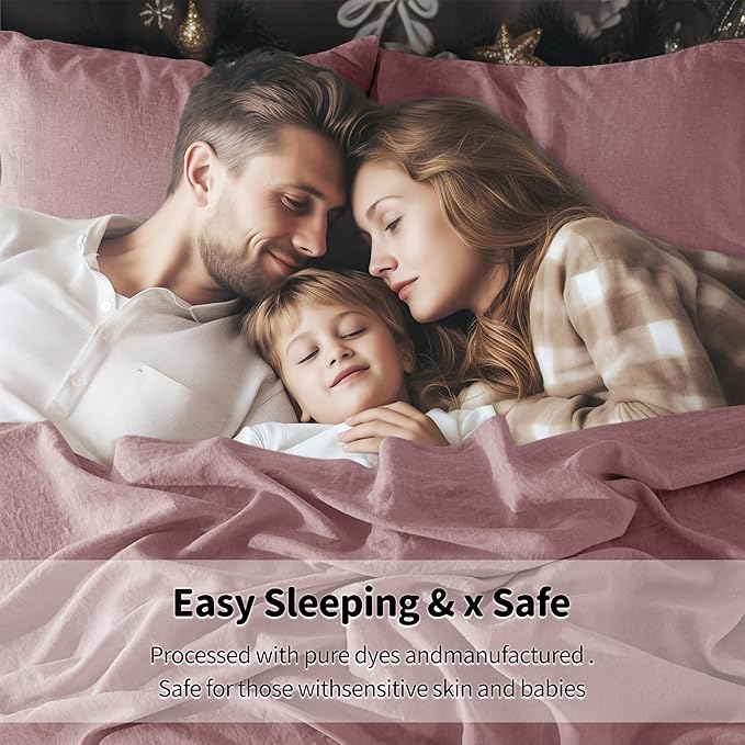 LBRO2M 100% Linen Sheet Set Twin Size,Bed Sheets 3 Piece Sets,Solid Color Natural Flax Bed Sheets Soft Breathable Bedding,16" Deep Pocket,All Season (Twin, Embroidery Purple)