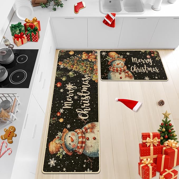 Christmas Snowflake Snowman Kitchen Rugs and Mats Non Skid Washable Set of 2, Xmas Kitchen Mats for Floor Decor