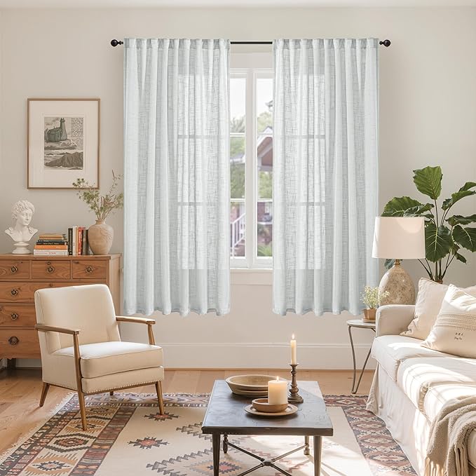YoungsTex Light Grey Linen Curtains 63 Inch Length for Living Room, Semi Sheer Window Drapes Textured Light Filtering with Rod Pocket Back Tab for Bedroom, 2 Panels, 52 X 63 Inch