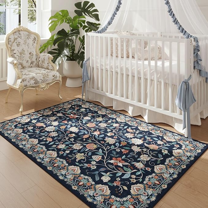 Rugcomf Vintage Paisley Rugs for Bedroom 4'x6' - Machine Washable Area Rug, Non-Slip Low Pile Floral Carpet for Girl/Boys Room, Living Room, Kids, Entry - Blue