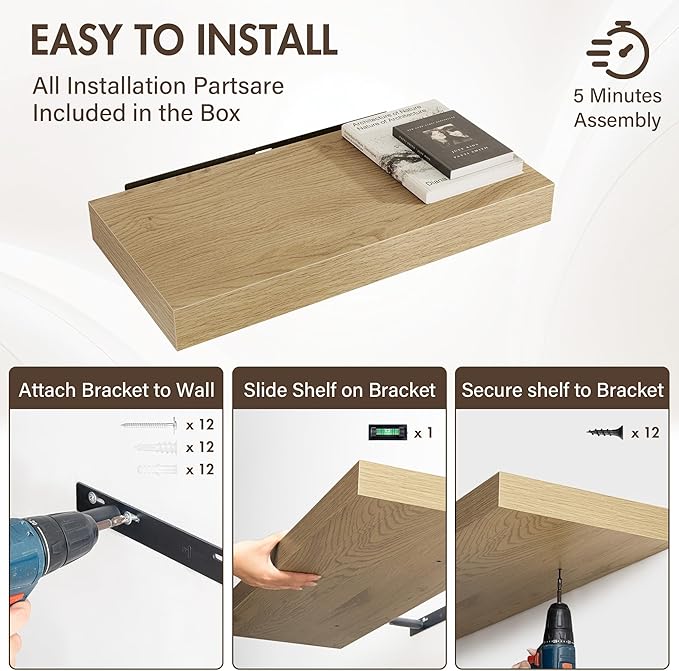 24 Inch Floating Shelves, 12" Deep Floating Shelf Wall Mounted, 24" Wall Shelves, Rustic Deep Bookshelf, Extra Deeper & Thicker Display Shelves for Bedroom, Living Room, Oak, Set of 2