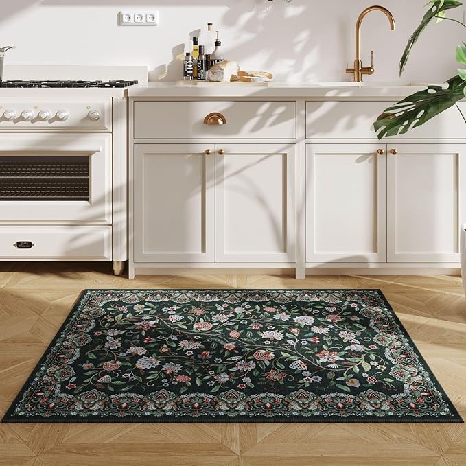 Rugcomf 2'x3' Entryway Rug - Paisley Pattern, Door Mat Indoor Entrance, Floral Vintage, Machine Washable, Non-Slip Low Pile Area Rug for Kitchen, Front Door, Kids Room - Green