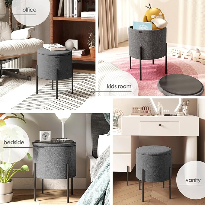 STORAGEBUD Round Ottoman with Storage, Boucle Storage Foot Stool, Makeup Vanity Stool, Small Ottoman Foot Rest, Modern Ottomans for Living Room and Bedroom, Grey