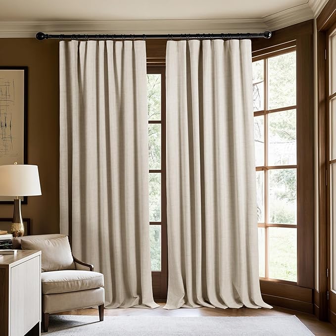 100% Blackout Curtains 96 inches Length Linen Blend Bedroom Curtains, Rod Pocket Back Tab Black Out Window Curtain Set Living Room Curtains, Full Blackout Curtains 2 Panels Drape, Natural