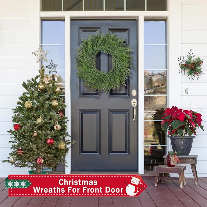 26 Inch Christmas Wreaths for Front Door Real Touch Large Xmas Winter Pine Cedar Wreaths for Windows Outdoor Indoor Christmas Holiday Home Yard Farmhouse Wall Front Door Porch Hanging Decor Clearance