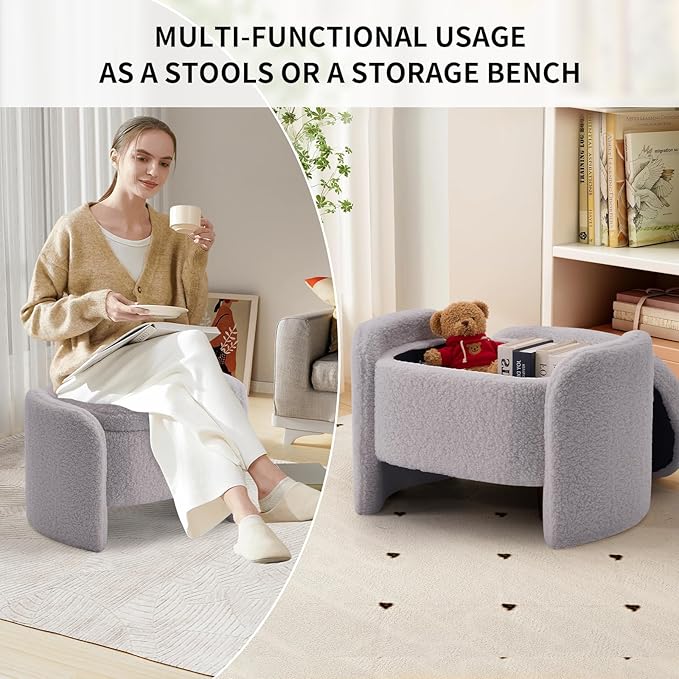 Storage Bench with Lamb Fleece Fabric, Vanity Stool Chair, Upholstered Ottoman with Small Hidden Storage for Bedroom, Living Room, Entryway, No Assembly Required, Grey