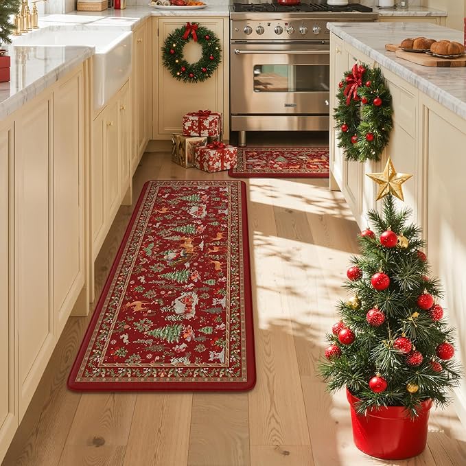 Collive Christmas Snowman Kitchen Floor Mats, Red Winter Xmas Tree Cushioned Anti Fatigue Kitchen Rugs 2 Piece Waterproof Elk Sled Sink Mat, Non Slip Foam Comfort Standing Desk Rug for Home Decor