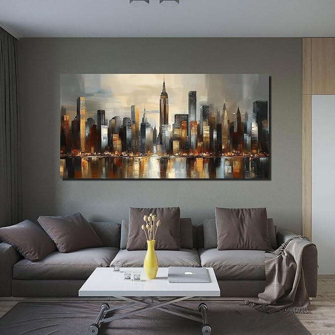 GUGIKA City Wall Art for Living Room, Gold and Grey Wall-Decor for Bedroom, Modern Cityscape Poster Canvas Print, Size 59 x 29 Inches