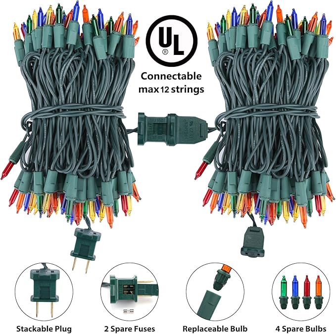 Toodour Multicolor Christmas Lights, 12.5ft 50 Count Incandescent Christmas String Lights, UL Certified Connectable Green Wire Xmas Lights for Tree, Holiday, Party, New Year, Indoor Xmas Decorations