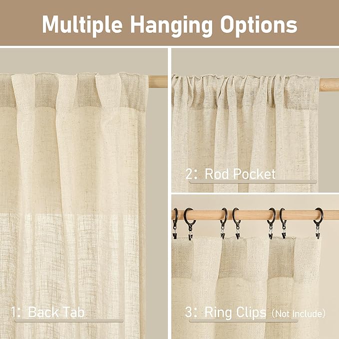 LAMIT Beige Linen Curtains for Living Room 2 Panels Set, 78 Inch Faux Linen Textured Light Filtering Drapes Back Tab and Rod Pocket Boho Panels for Farmhouse/Bedroom/Porch, 52 x 78 Inch
